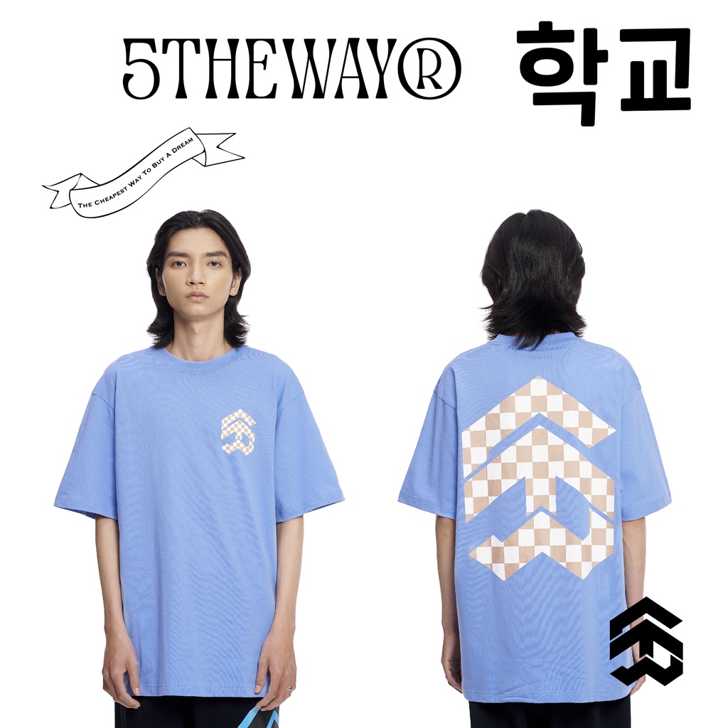 Áo thun 5THEWAY /checkerboard/ New Tee hoạ tiết Caro Màu Xanh Dương Nhạt HYDRANGYA