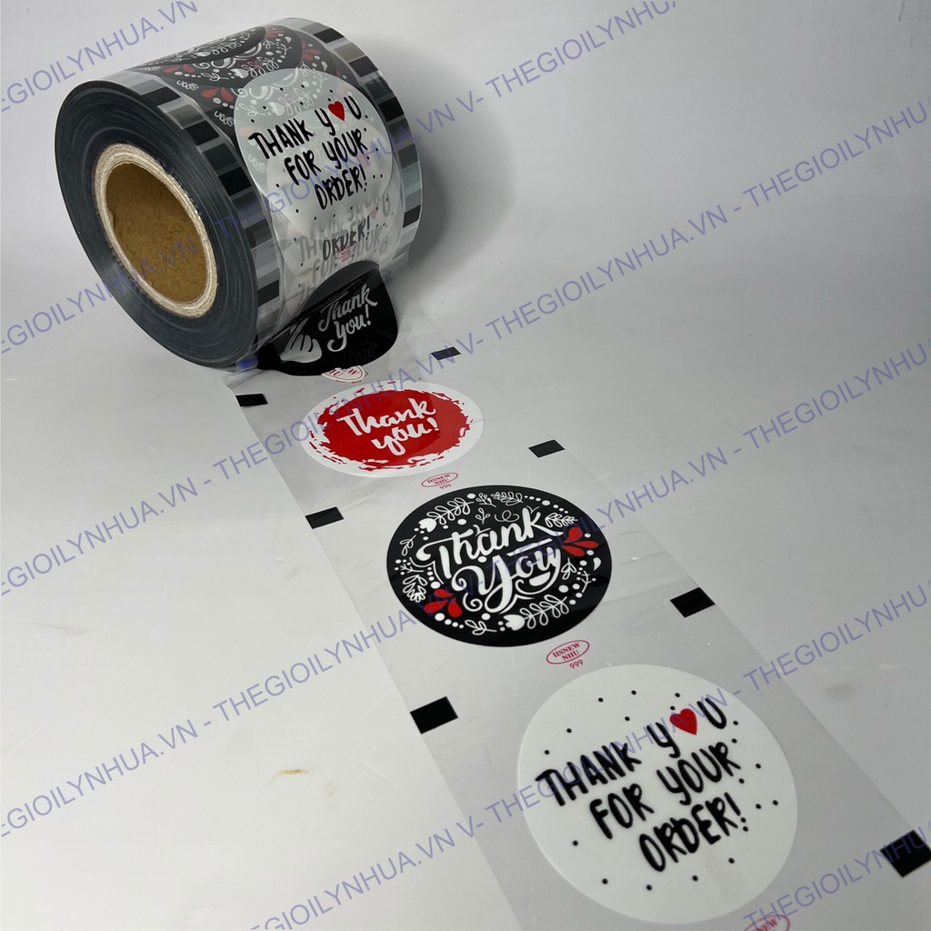 Màng dập ly nhựa, cuộn màng ép ly trà sữa in sẵn 8 mẫu Thank You, cuộn keo ép ly loại đủ 2400 ly/cuộn