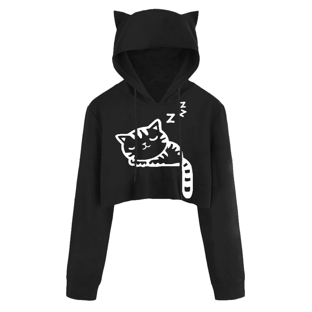 HN Áo Hoodie Tay Dài In Hình Mèo Kitty Quyến Rũ Cho Nữ