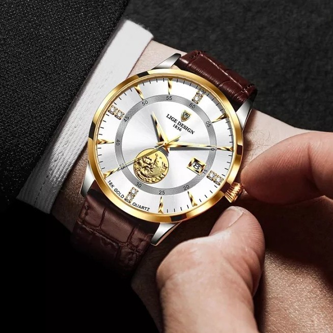 Đồng hồ thạch anh mặt số siêu mỏng 7mm LIGE 2021 có lịch dây da chống nước + Hộp dành cho nam | BigBuy360 - bigbuy360.vn