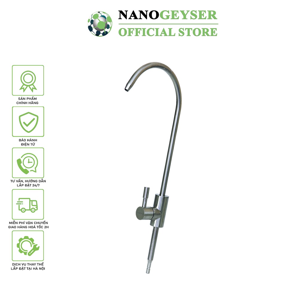 Vòi máy lọc nước Inox 304 Nano Geyser, Vòi không Chì, Tặng cút nối nối nhanh, Bảo hành đổi mới 6 tháng