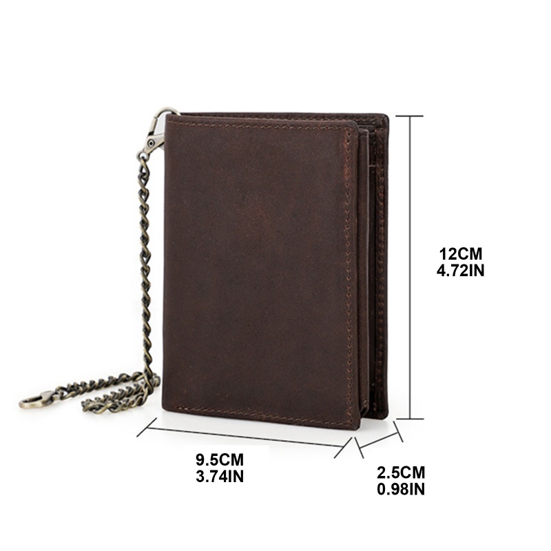 Youyo Ví Ngắn Gập Ba Bằng Da Bò Có Dây Xích RFID Chống Trộm Vintage Cho Nam Cred