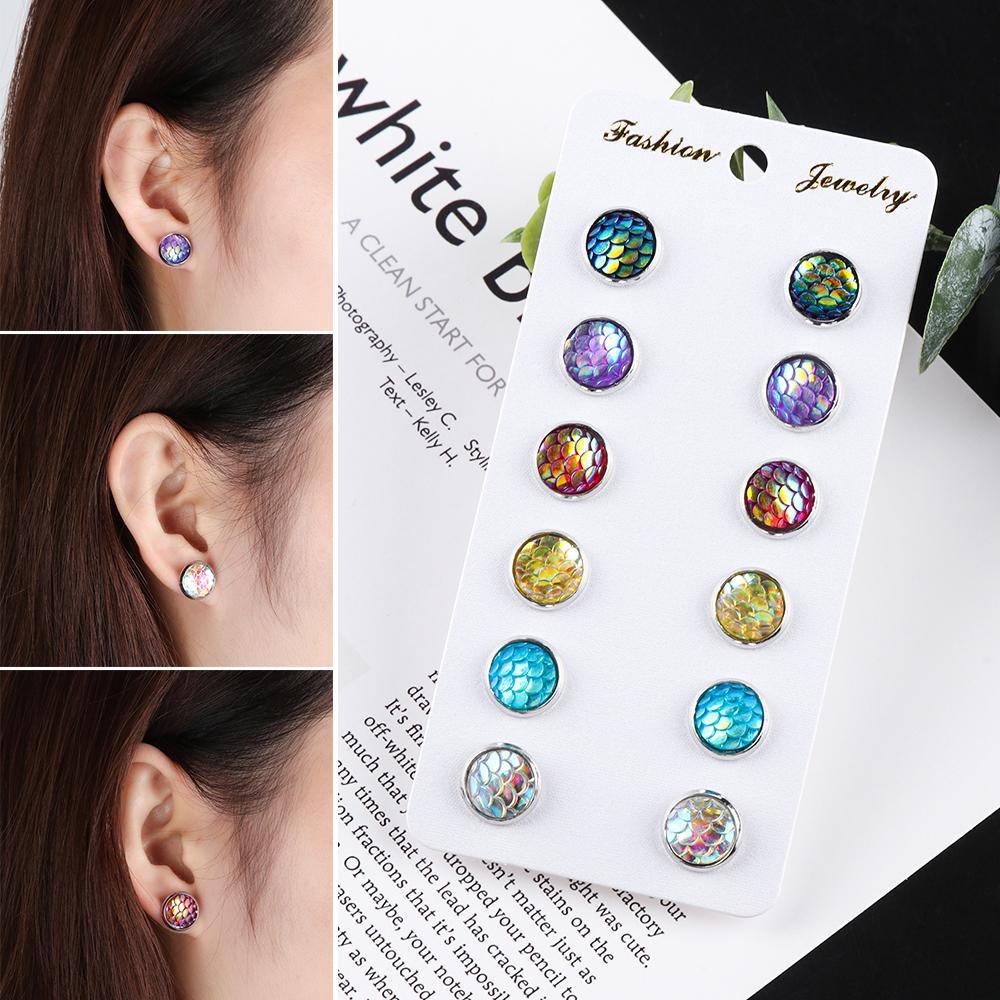Bộ 6 Đôi Bông Tai Tròn Họa Tiết Vảy Cá Thời Trang 12mm