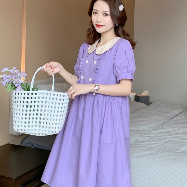 Đầm nữ dáng babydoll màu tím phối cúc trắng B-A-M STORE