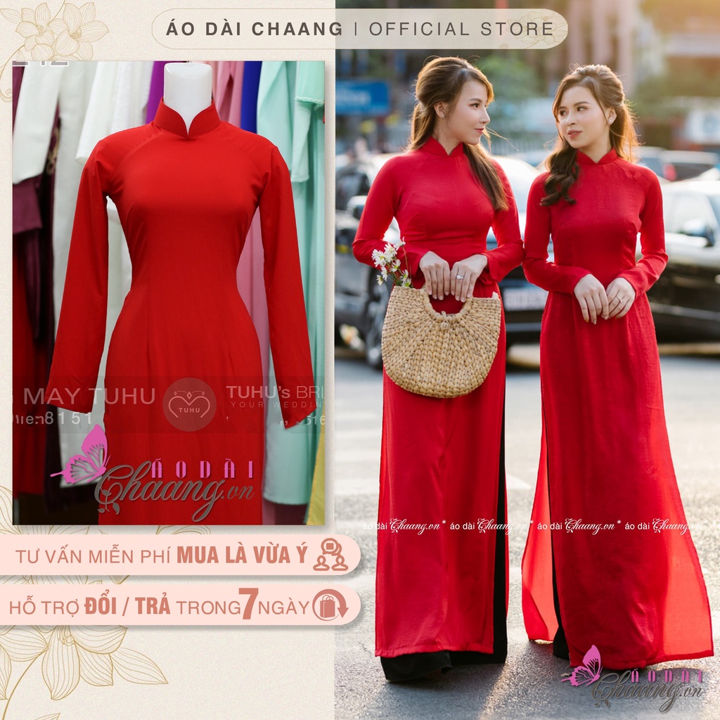 Áo dài đỏ may sẵn áo dài truyền thống vải lụa Mỹ cao cấp tươi màu đẹp