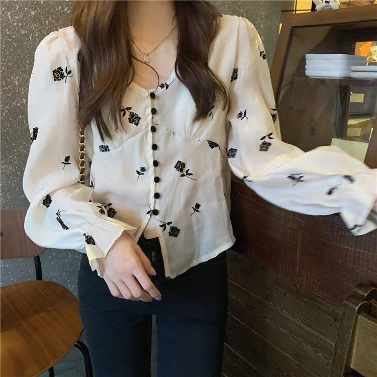 Áo Sơ Mi Cổ Chữ v In Họa Tiết Hoa Hồng Cổ Điển Phong Cách Mới Dễ Phối Đồ Cho Nữ  tao bao
