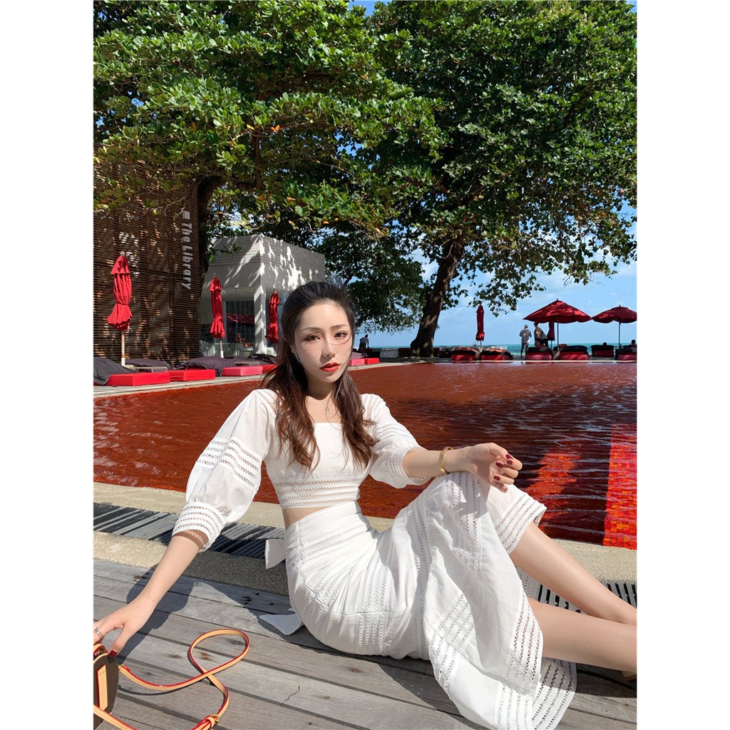 Set váy trắng ren dài nơ sau cực xinh loại 1 kèm video