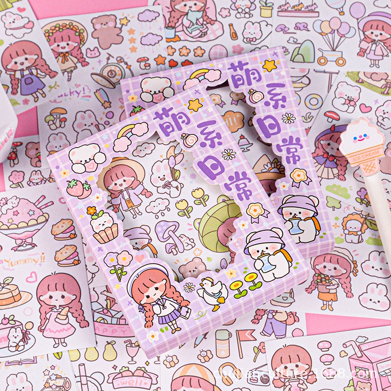 Sticker cute hình dán sổ tay 50 tấm dễ thương dán sổ trang trí cô bé có hộp ST43