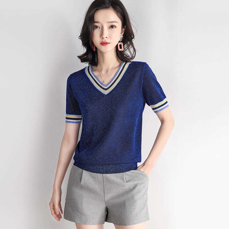 Áo Thun Lụa Dệt Kim Tay Ngắn Cổ Chữ V Thời Trang Dành Cho Nữ
