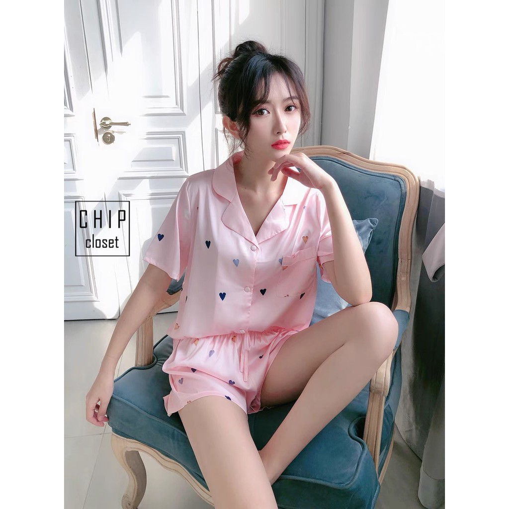 Bộ Đồ Ngủ Mặc Nhà  Bộ Pijama Lụa Cao Cấp Hình Trái Tim 4 Màu HOTTREND Hè CC009