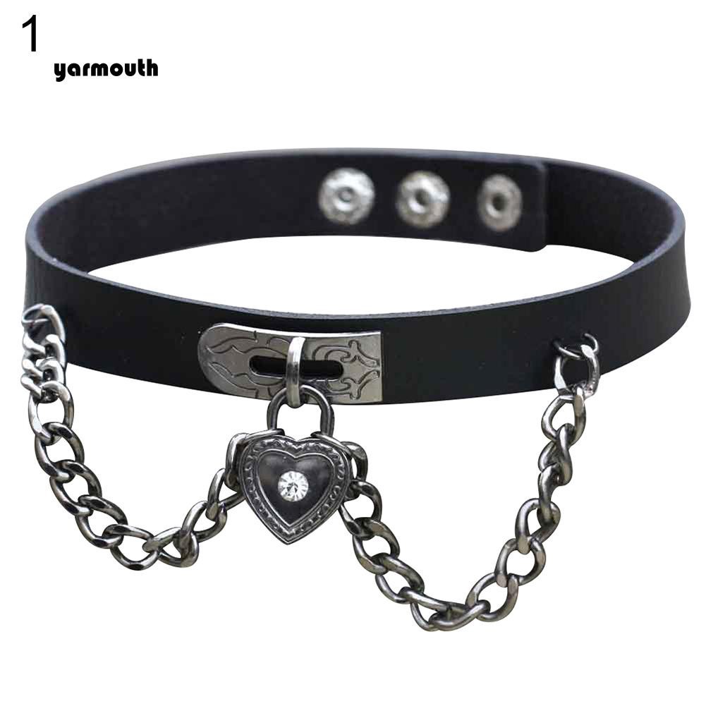 Vòng Choker đeo cổ bằng da giả mặt trái tim phối dây móc xích thời trang cho nữ