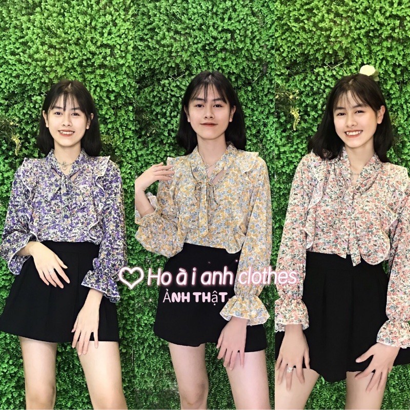 Áo sơ mi voan hoa nhí ,Áo sơ mi nữ đẹp dài tay, cổ buộc nơ tiểu thư
