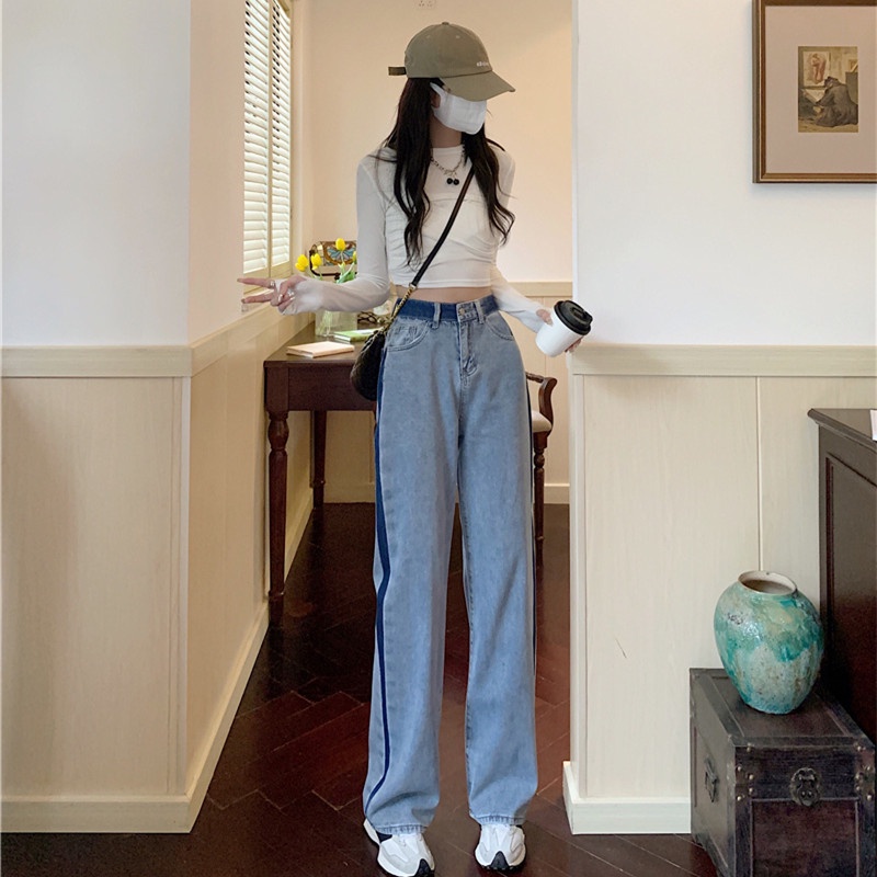 Quần Denim Lưng Cao Ống Suông Phối Màu Sắc Tương Phản Trẻ Trung