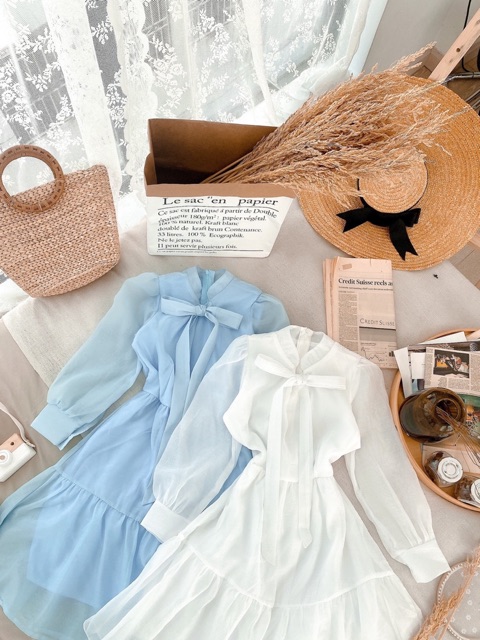 Đầm xoè cổ nơ dài tay xinh xắn 3 màu | BigBuy360 - bigbuy360.vn