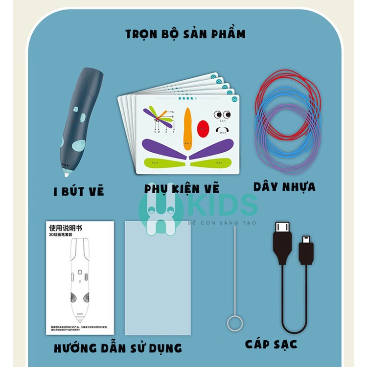 Bút vẽ 3D Pen tạo hình sáng tạo kèm phụ kiện tập vẽ, pin sạc USB