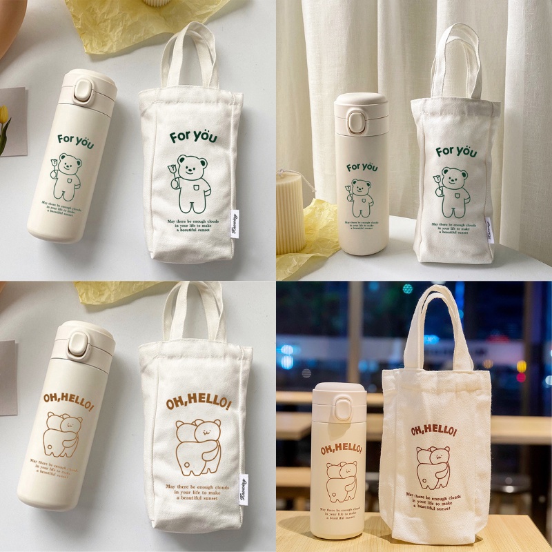 Bình nước giữ nhiệt INOX 304 không gỉ dung tích 450ml và Túi đựng bình giữ nhiệt IN hình chú gấu Ohaya dễ thương