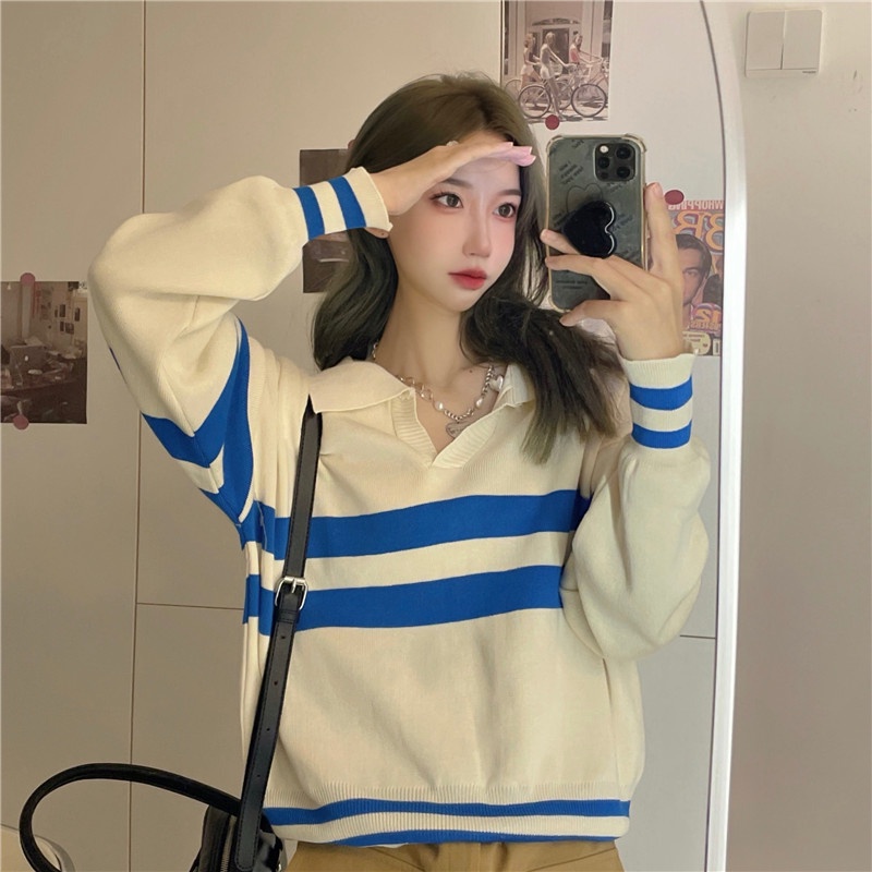 Mới Áo Sweater Tay Dài Cổ Polo Thời Trang Mùa Thu Phong Cách Hàn Quốc Cho Nữ
