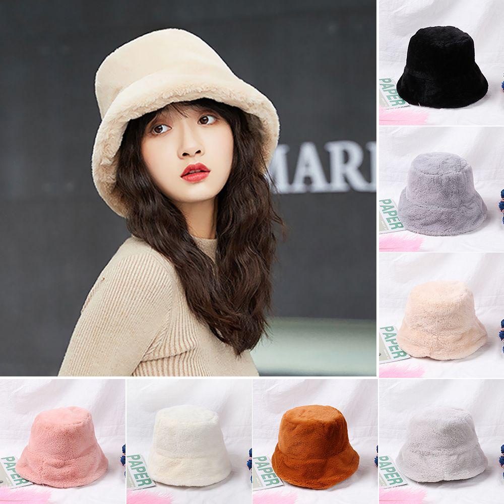 Mũ Bucket Lông Giả Mềm Mại Màu Trơn Thời Trang Mùa Đông Xinh Xắn