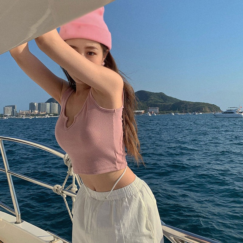 Áo Croptop Hai Dây Cổ Chữ V Màu Sắc Trơn Có Miếng Đệm Ngực Phong Cách Hàn Quốc Dành Cho Nữ