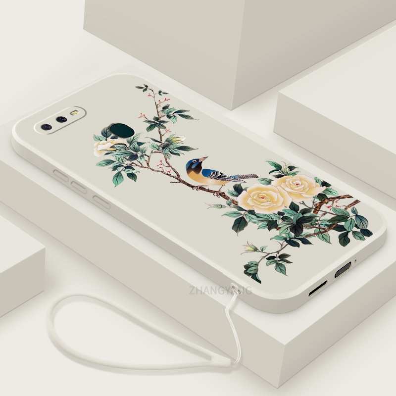 Ốp Điện Thoại TPU Viền Thẳng Họa Tiết Hoa Và Chim Kèm Dây Đeo Cho oppo a5s a12 a7 f9