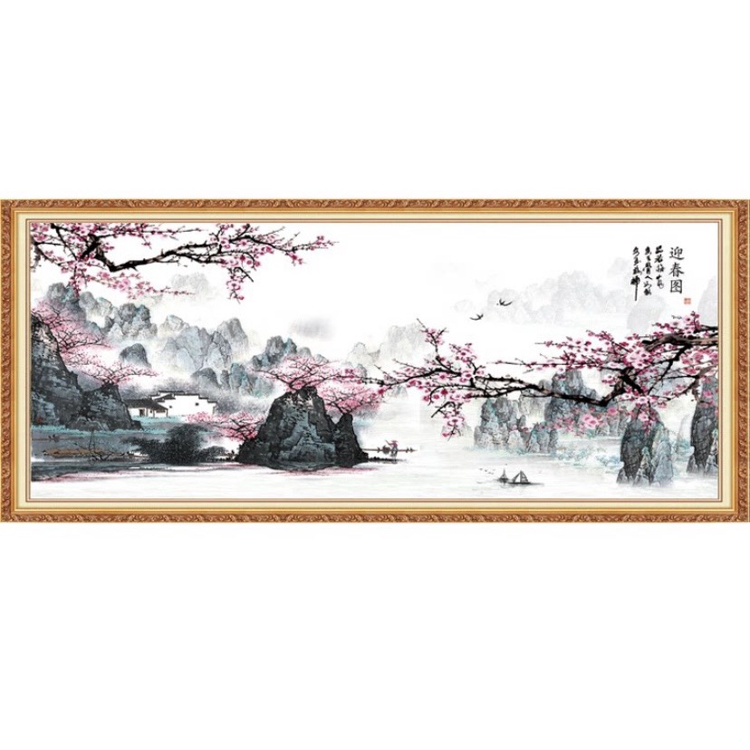 Tranh thêu chữ thập – Tranh Phong Cảnh Thủy Mặc 05 -  Hoa Đào