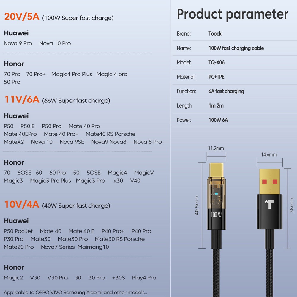 Dây cáp sạc nhanh Toocki 100W USB C sang USB Type C 4.0 cho Samsung Huawei 5A