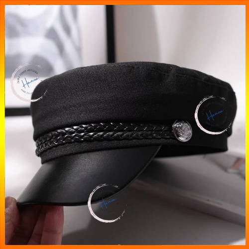 Mũ Beret Nữ Thủy Thủ Chất Dạ Vành Da Kèm Đai Vặn Thừng Đính Cúc Cá Tính Phong Cách Sang Chảnh Hanva