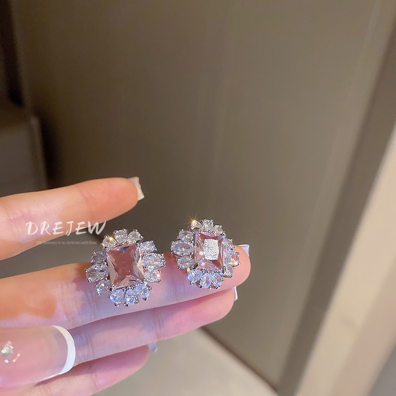 DREJEW Khuyên tai mạ bạc hình hoa đính đá zircon sang trọng thời trang cao cấp