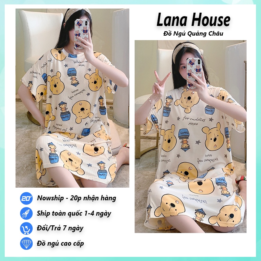 Váy ngủ nữ cộc tay dễ thương big size mặc nhà cao cấp chất gân tăm họa tiết hoạt hình xinh xắn VNN09