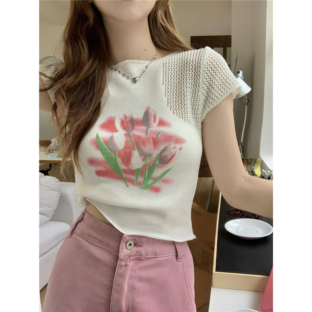 Áo Thun Gân Ngắn Tay In Hoa Phong Cách Mới Dành Cho Mùa Hè 62410