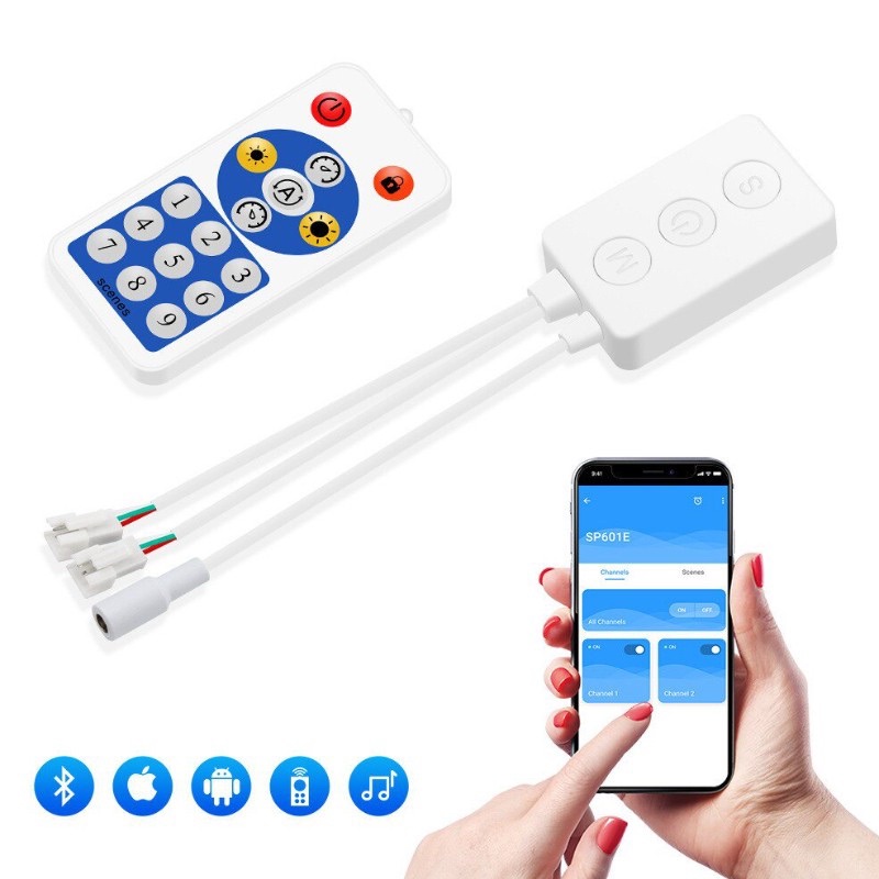 SP601E BỘ ĐIỀU KHIỂN LED FULL MÀU NHÁY THEO NHẠC 2 CỔNG ĐIỀU KHIỂN QUA APP MOBILE BLUETOOTH