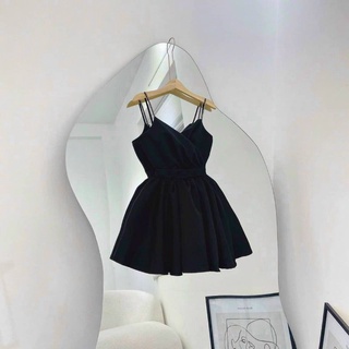 ĐẦM ĐEN 2 DÂY ĐẮP CHÉO BO EO XOÈ