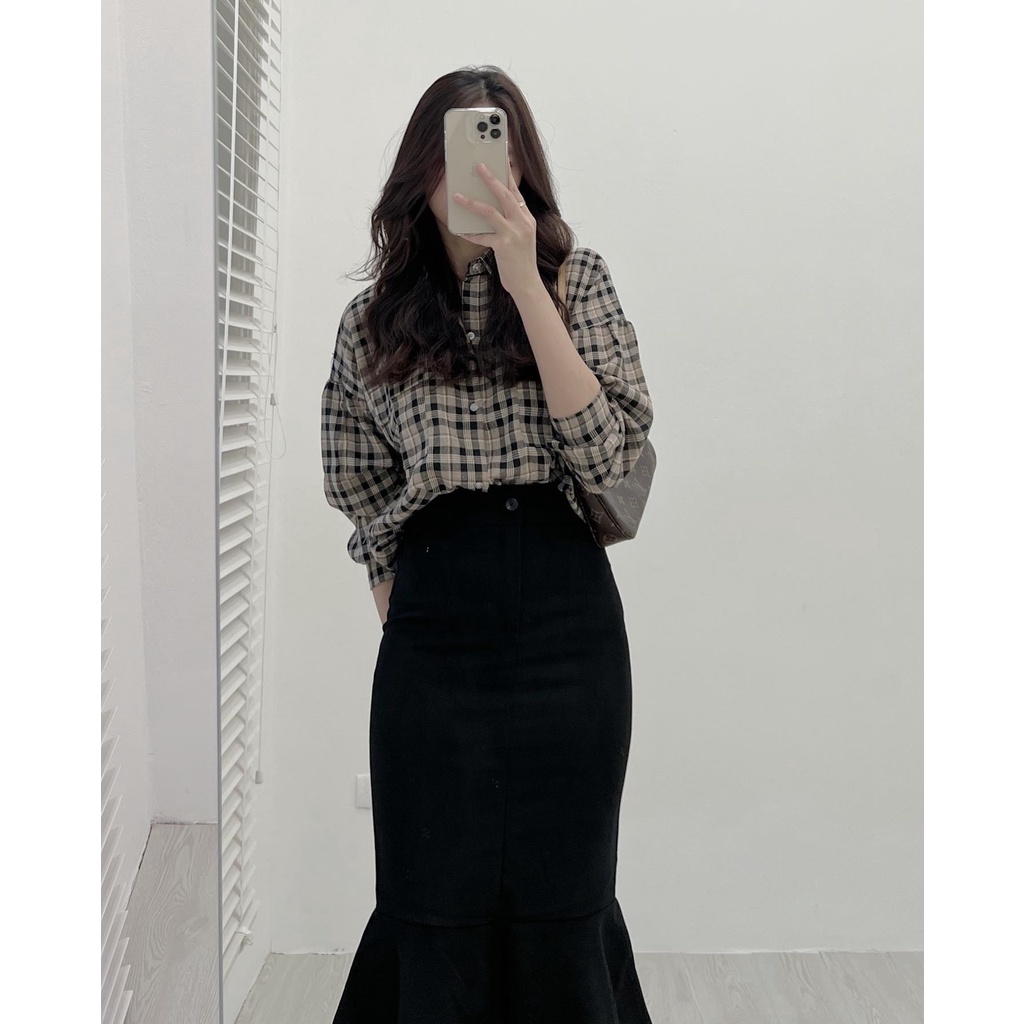 A3712 Áo somi kẻ caro Audrey