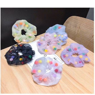 Buộc tóc scrunchies pom pom hạt to