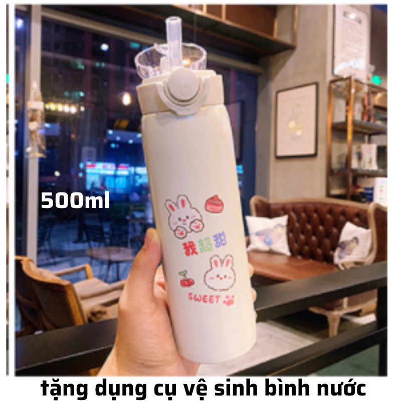 Bình giữ nhiệt INOX 304 ,bình giữ nhiệt họa tiết dễ thương dung tích 500ml , bình nước có ống hút có dây