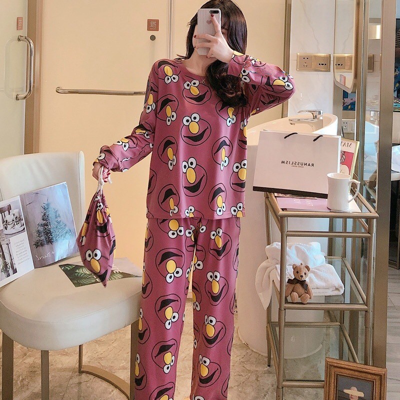 ĐỒ NGỦ TAY DÀI IN HOẠT HÌNH DỄ THƯƠNG - BỘ NGỦ NỈ DÀI TAY VỊT VÀNG - CHÚ HỀ - THỎ VÀNG HỒNG ULZZANG
