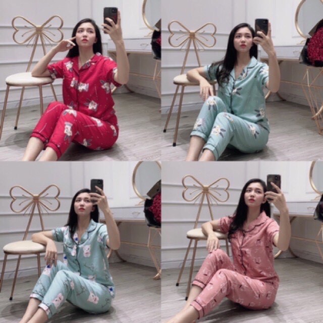 [Kate] Bộ pijama tay ngắn quần dài kate full viền Size<62kg (Mã 02)