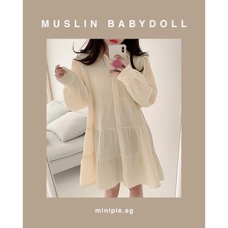 (Có sẵn) Váy Babydoll Chất Muslin Tay Dài Cài Nút Phong Cách Hàn Quốc Minipie