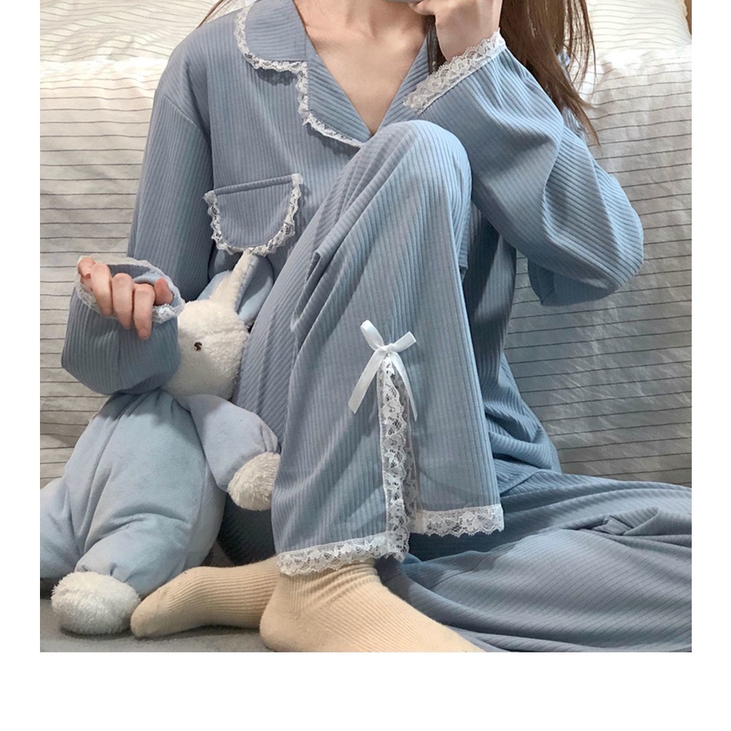 Bộ đồ ngủ tay dài dáng rộng phối ren đơn giản thời trang xuân thu mới cho nữ