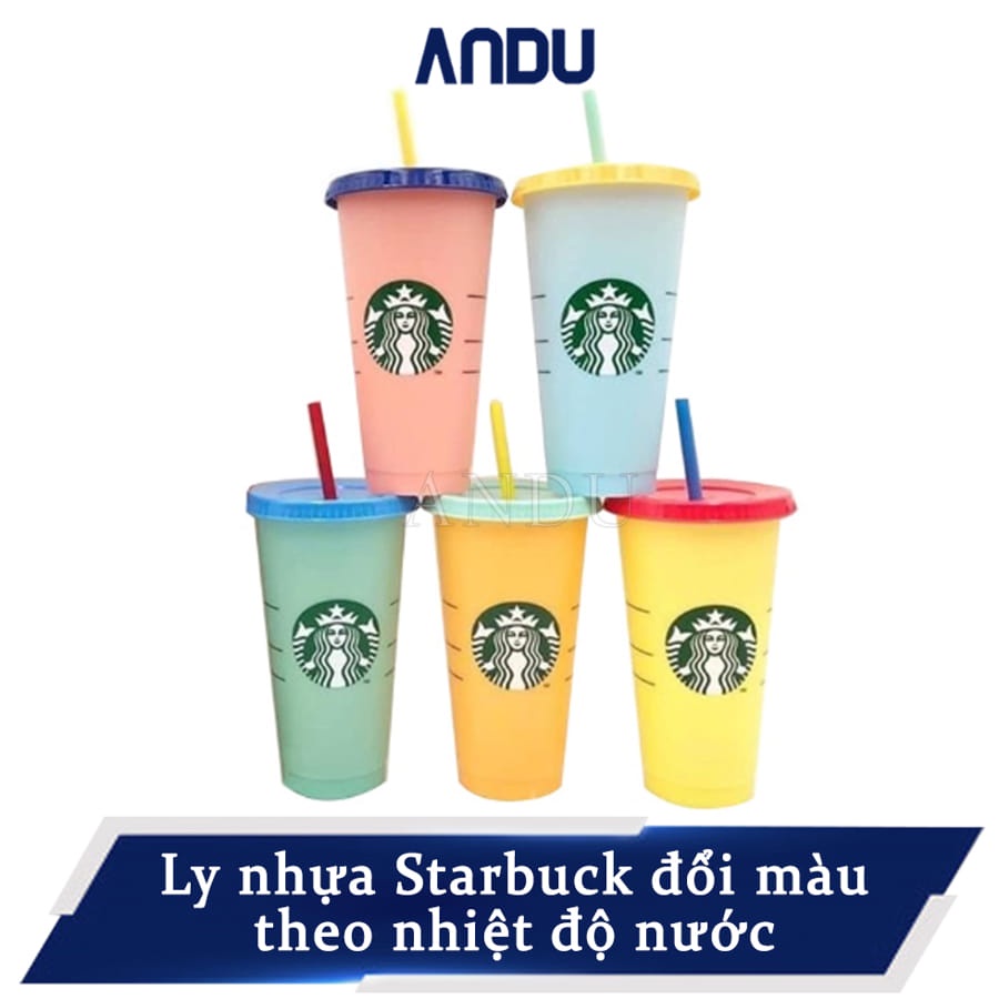 Cốc Nhựa Đựng Nước Lạnh Starbucks Đổi Màu Theo Nhiệt Độ Có Nắp Và Ống Hút , Ly Đổi Màu Theo Nhiệt Độ Cao Cấp Siêu Cute