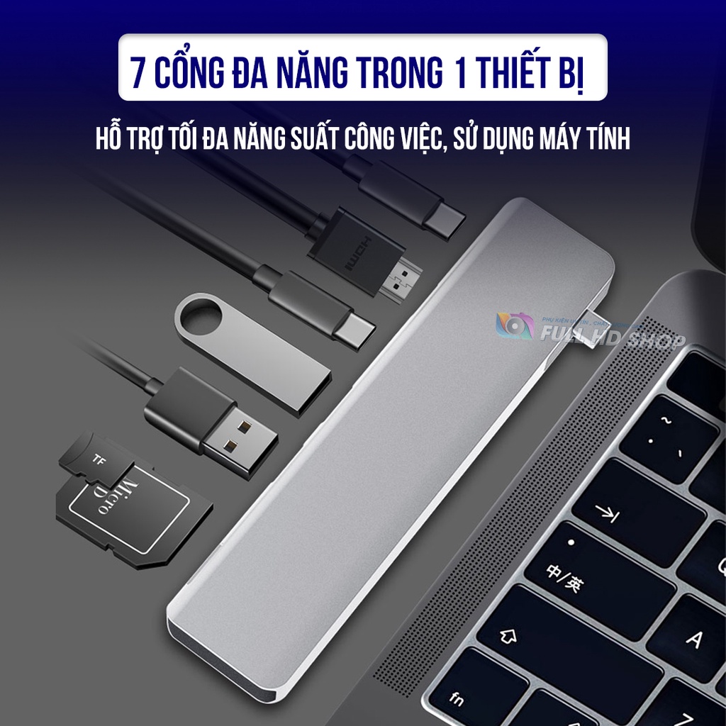 Cổng Chuyển Đổi Type C Sang HDMI/USB/ Type C/Đầu đọc thẻ nhớ Phụ Kiện Macbook Chia Cổng 7 trong 1 Full HD Shop Mã HD16