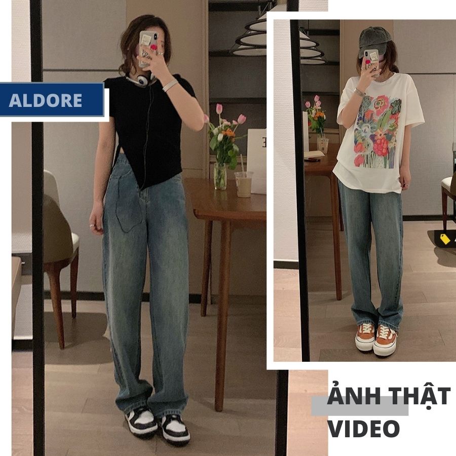 Quần Jean Ống Suông Rộng Nữ Aldore Phong Cách Ullzang Xanh Đậm MSC12
