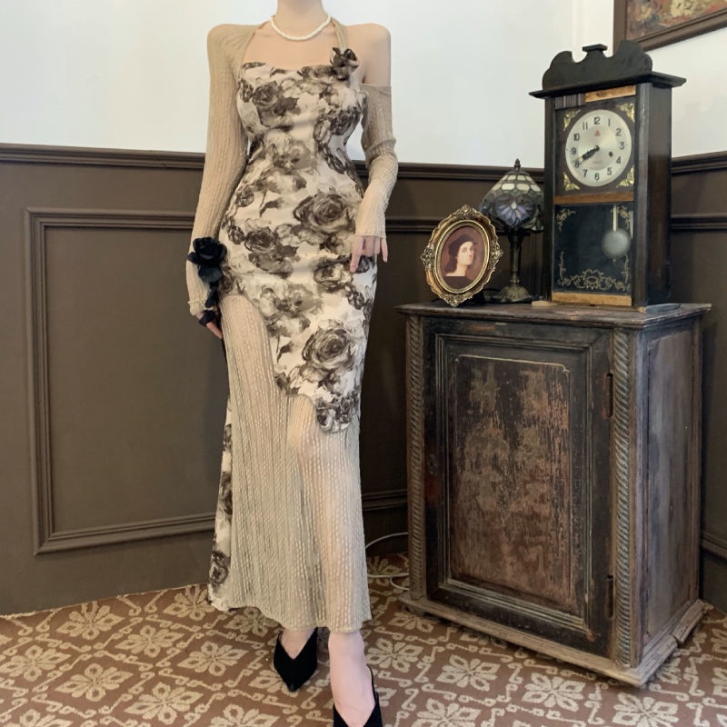 Đầm Hoa Hai Mảnh Tay Dài Hở Vai Phong Cách Pháp Thời Trang Mùa Thu Cho Nữ 15 Ngày