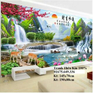 Tranh thêu phong cảnh thiên nhiên tươi đẹp thêu kín  237x1m