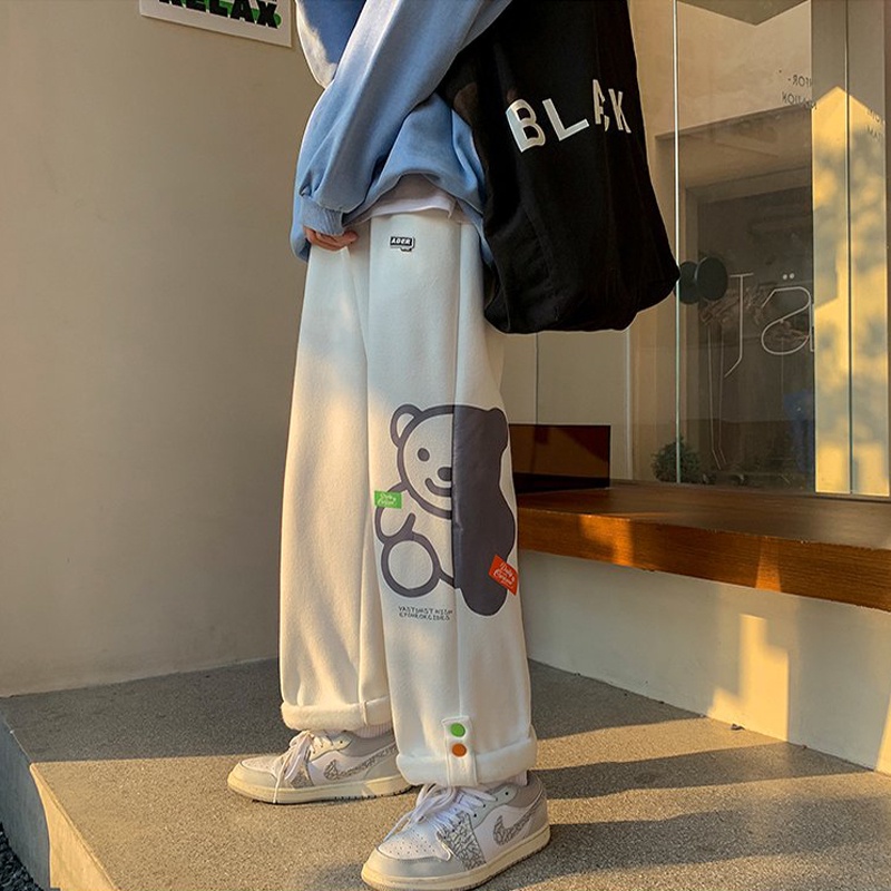 Quần Ống Rộng Nam Nữ - Quần Baggy Unisex Nỉ Bông Dày Dặn Ấm Áp Xắn Gấu Phối Cúc Màu - Hàng Loại 1