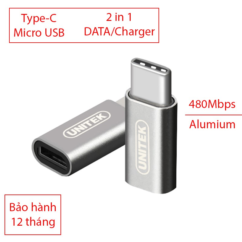 Đầu chuyển Micro USB âm sang USB type-C dương chuyển DATA điện năng từ Laptop/Macbook ra Smartphone/TAB UNITEK Y-A027AGY