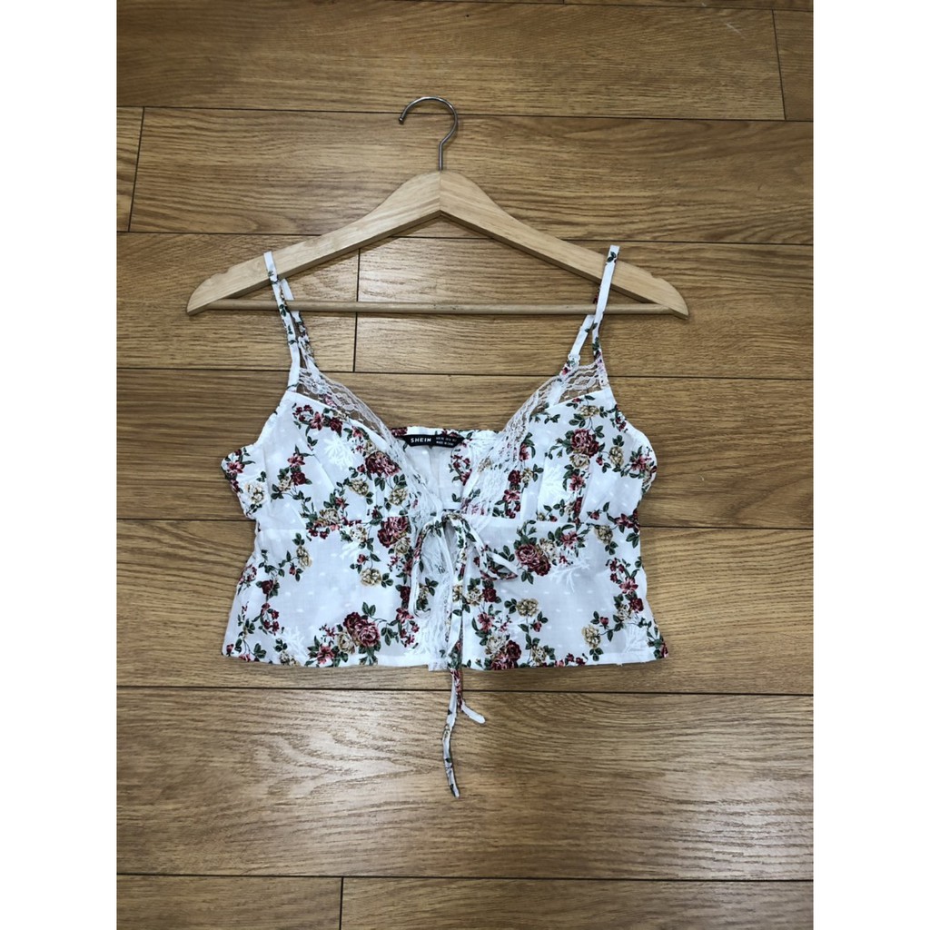 Áo Croptop cotton lụa "họa tiết thêu ren đen xẻ áo"