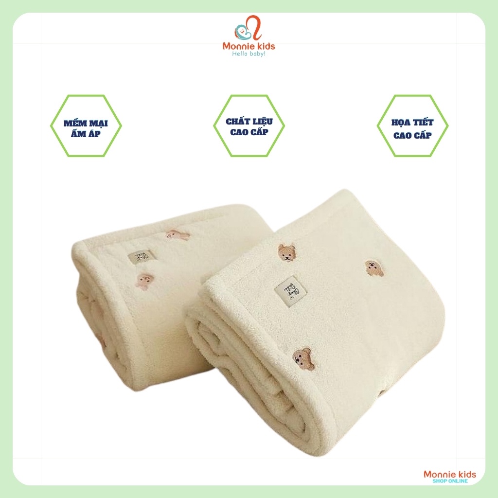 Chăn lông tuyết Chezbebe thêu họa tiết thỏ gấu, chăn lông mềm mịn cho bé 90x140cm - Monnie Kids