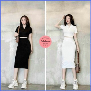 Set váy ôm body và áo croptop có cổ năng động cực tôn dáng