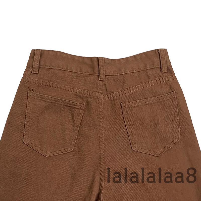 Quần Jean Ống Đứng Lưng Cao Màu Trơn Phối Túi LAA8-YH Thời Trang Vintage Cho Nữ